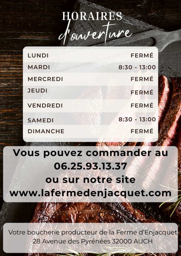 Les horaires de notre Boucherie-Producteur d'AUCH